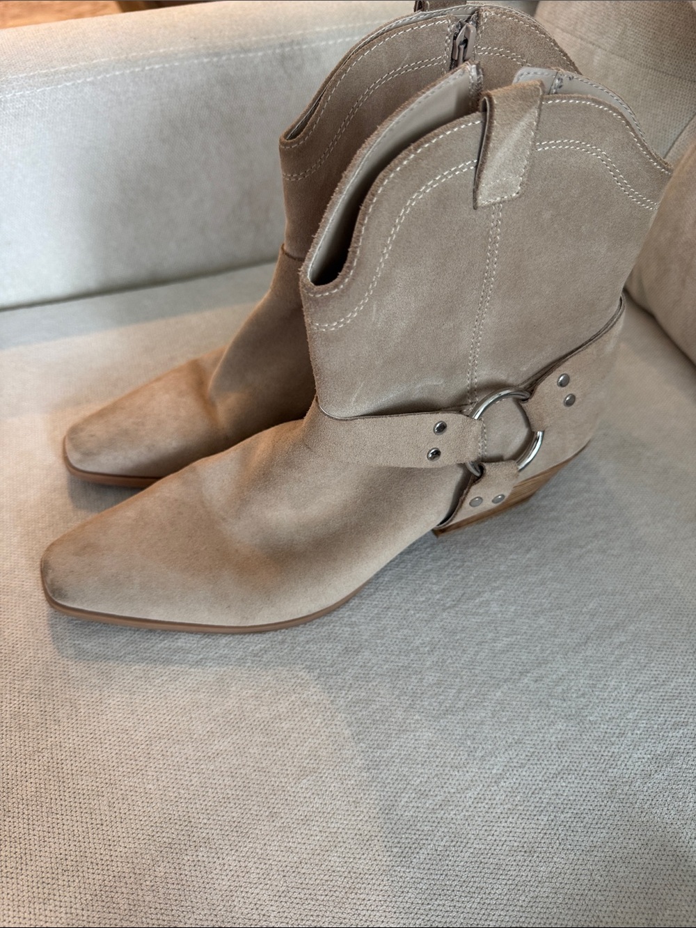 Women's Taupe Suede Ankle Heeled Boots with Ring Strap